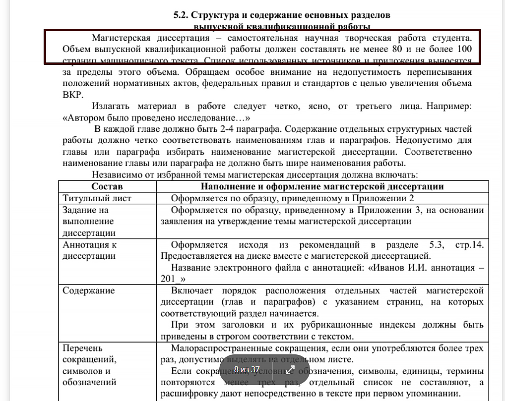 Объем каждой из частей магистерской диссертации