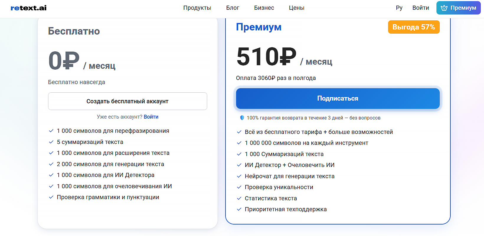 ретекст аи тарифы